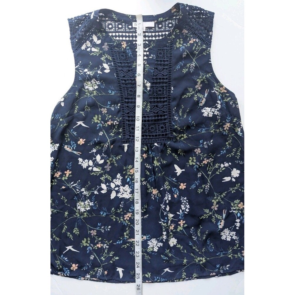 DR2 Tank Top Blouse Size М Womans Navy Blue Floral Sleeveless Crochet Trim - Picture 7 of 7